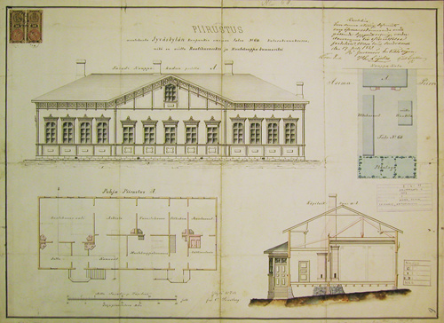 Oskar Lindbergin tekemät muutospiirustukset 1883. Jyväskylän kaupunginarkisto. 