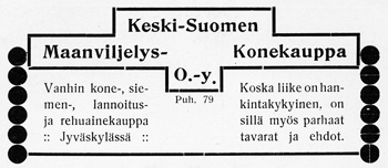 Keski-Suomen Maanviljelys Konekaupan ilmoitus. Jyväskylän ja ympäristön kuvitettu matka-opas 1912.