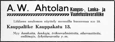 A.W. Ahtolan ilmoitus Jyväskylän 100-vuotisjuhlamessujen julkaisussa 1937.