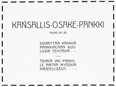 Kansallis-Osake-Pankin ilmoitus. Jyväskylän ja ympäristön kuvitettu matka-opas 1912.