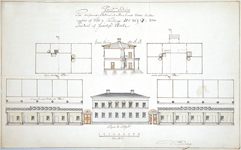 Daniel Tornbergin suunnitelma markkinapuoti- ja koulurakennusta varten 1848. Jyväskylän kaupunginarkisto.
