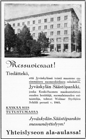 Säästöpankin ilmoitus. Jyväskylän 100-vuotisjuhlamessut -julkaisu 1937
