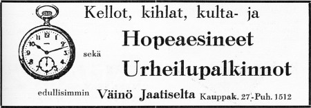 Väinö Jaatisen kelloliikkeen ilmoitus.  Jyväskylän 100-vuotisjuhlamessujen julkaisu. 1937.