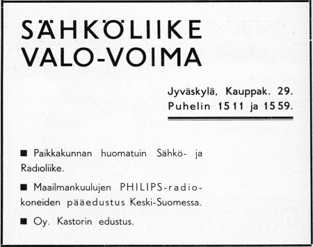 Valo-Voiman ilmoitus. Jyväskylän 100-vuotisjuhlamessut -julkaisu 1937.