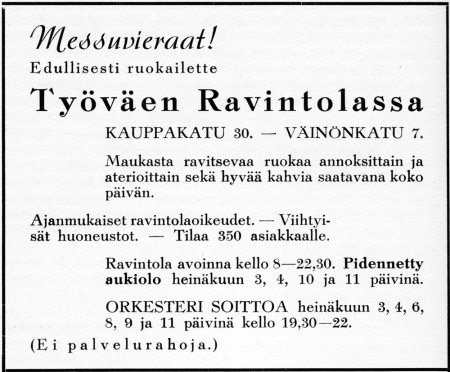 Työväen ravintolan ilmoitus. Jyväskylän 100-vuotisjuhlamessut -julkaisu 1937.