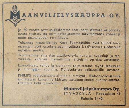 Maanviljelyskauppa Oy:n ilmoitus. Keski-Suomen puhelinluettelo 1943.